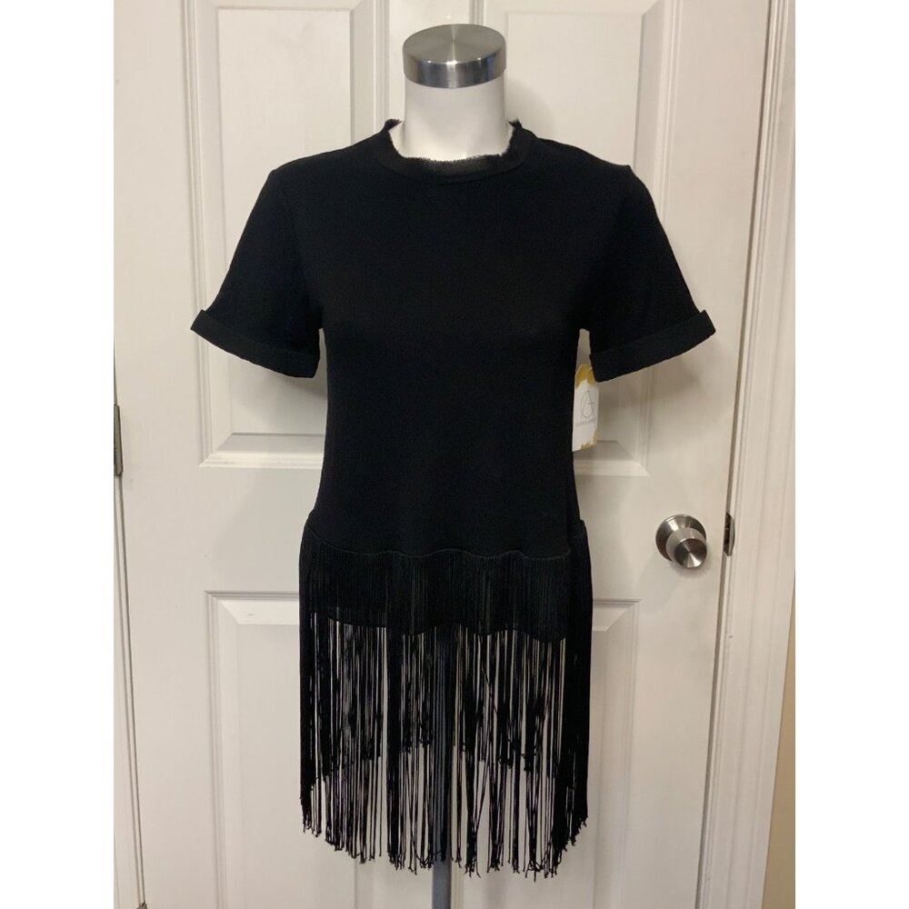 House of Harlow x Revolve Black Short Sleeve Shirt Fringe Hem, Size XS